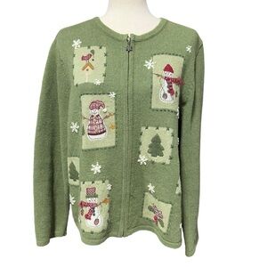 Croft & Barrow Green Ramie Zip Cardigan XL Petite Snowman Christmas Grandmacore